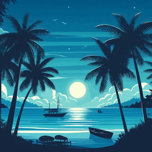 free vector Beach view with silhouettes of coconut trees shades of blue