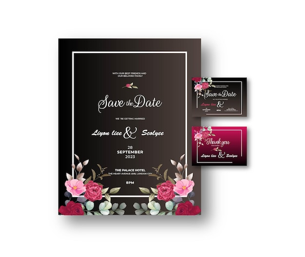 Free vector beautiful hand drawn roses wedding invitation card set