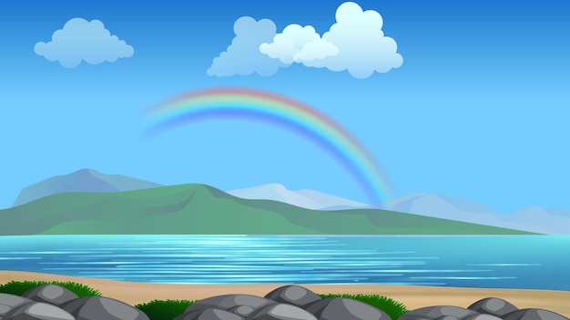 Free vector blank forest at daytime scene with Nature scene background with rainbow in the sky