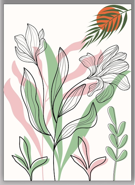 Vector free vector botanical wall art foliage line art drawing with abstract shape