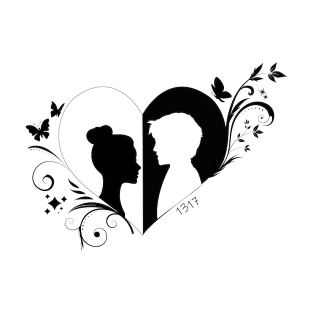 free vector boy and girl beautiful heart frame butterflies stars flowers silhouette black and white