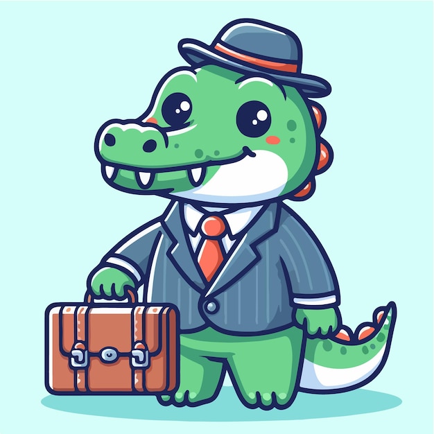 Free Vector Cartoon Vector of Cute Business Crocodile with Suitcase Cartoon icon Style