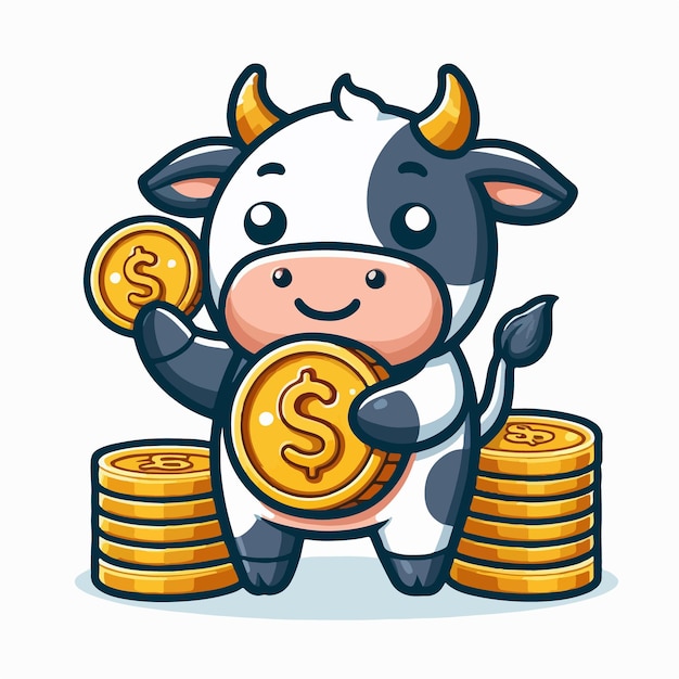 Free Vector Cartoon Vector of Cute Cow Holding Gold Coin Cartoon icon Style