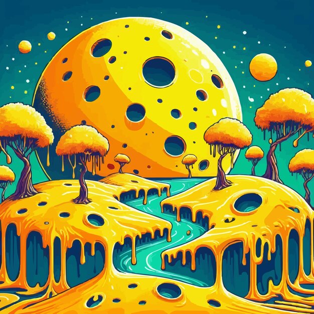 Vector free vector cheese planet fantasy landscape with yellow trees