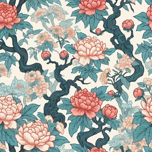 Free vector Chinoiseries style Seamless pattern with peonies trees illustration