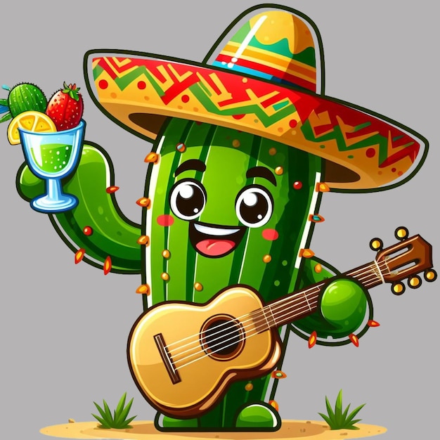 Vector free vector cinco de mayo cactus holds a tiny guitar illustration white background ai generated