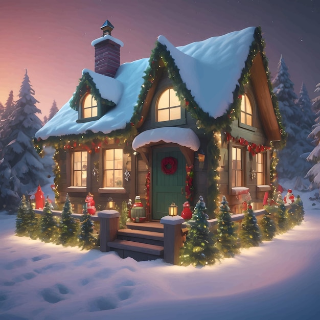 Free vector A cozy blue cottage sits in a snowy winter landscape surrounded by Christmas