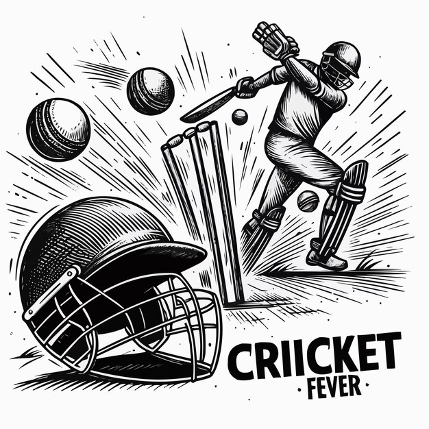 Vector free vector create a dynamic sketch of a cricket match in action include a cricket ball