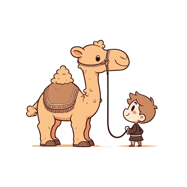 Vector free vector cute camel standing with boy cartoon vector icon illustration animal nature