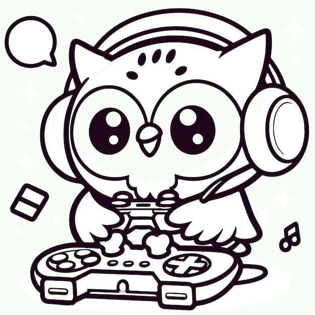 Free Vector Cute Cartoon Vector of Gamer Owl with Headphones illustration in colouring page