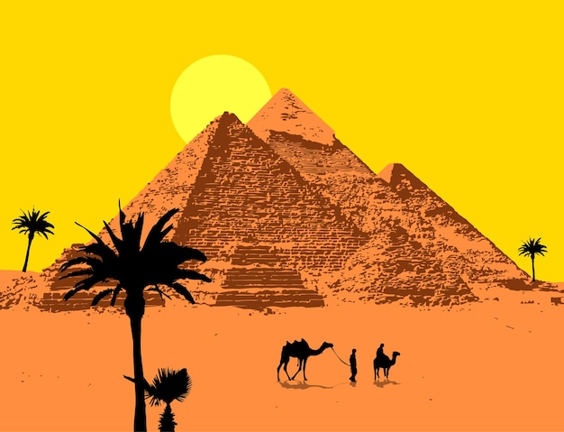 Free vector desert landscape with pyramids and caravan