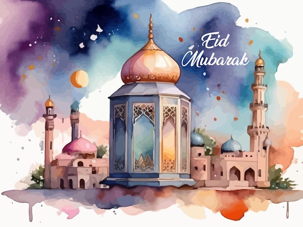 Free vector eid mubarak islamic festival background with mosque vector