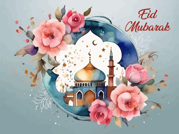 Free vector eid mubarak islamic festival background with mosque vector