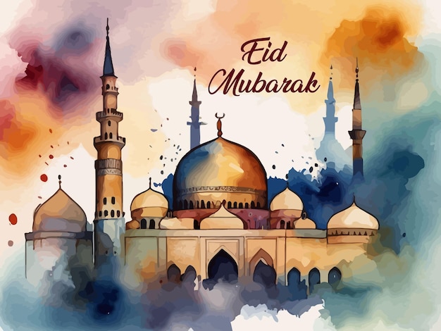 Free vector eid mubarak islamic festival background with mosque vector