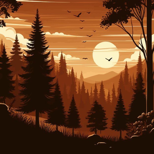 Vector free vector forest background at sunset in brown tones