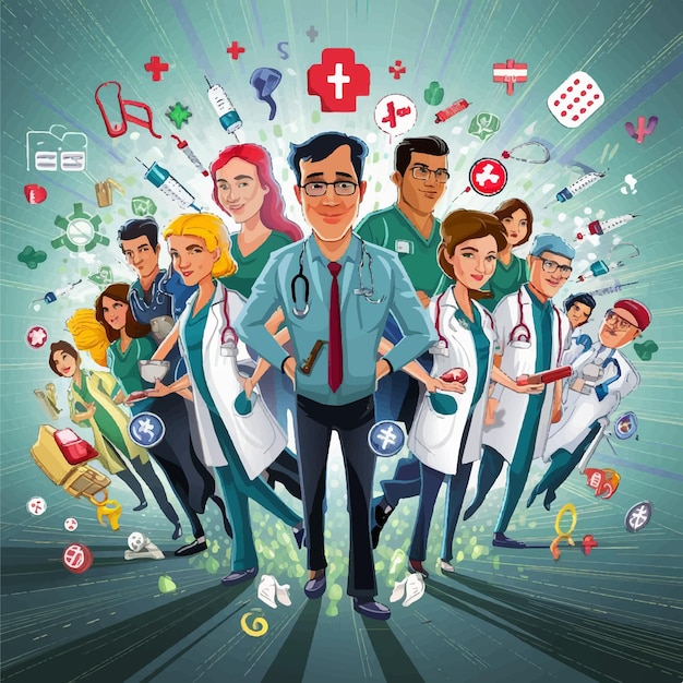 Free vector group of medical staff carrying health related icons