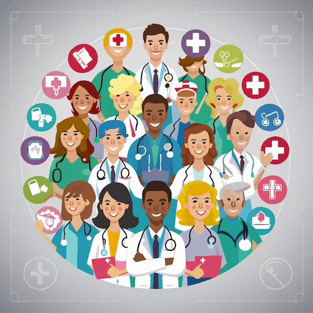 Free vector group of medical staff carrying health related icons