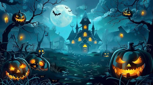 Free vector halloween background with pumpkins and haunted house Happy Halloween