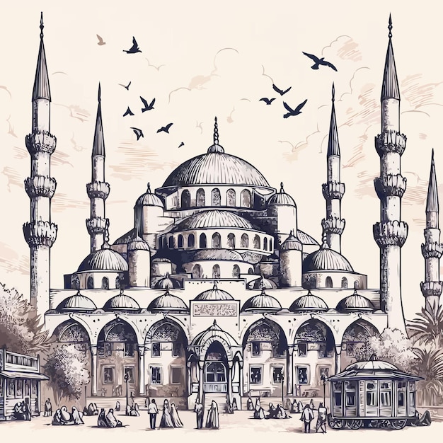 Free vector Hand drawn sketch of the world famous Blue mosque Istanbul Turkey vector illustration