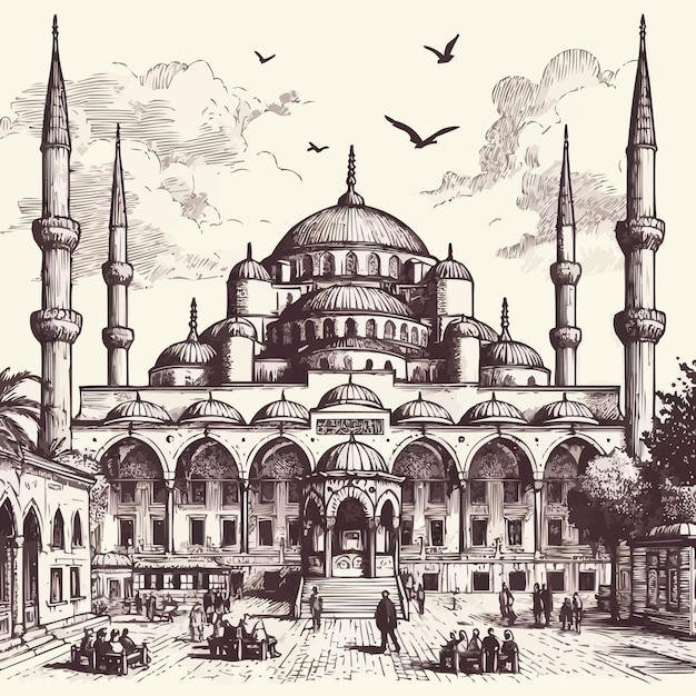 Free vector Hand drawn sketch of the world famous Blue mosque Istanbul Turkey vector illustration