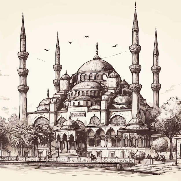 Free vector Hand drawn sketch of the world famous Blue mosque Istanbul Turkey vector illustration