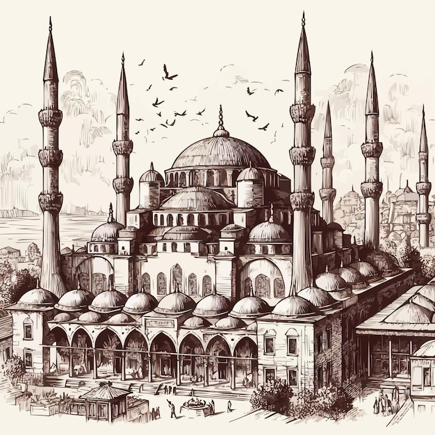 Free vector Hand drawn sketch of the world famous Blue mosque Istanbul Turkey vector illustration