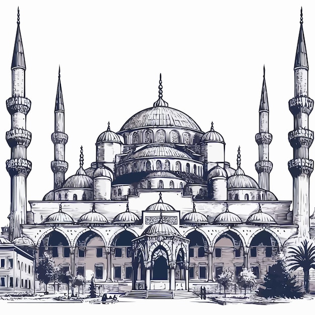 Free vector Hand drawn sketch of the world famous Blue mosque Istanbul Turkey vector illustration