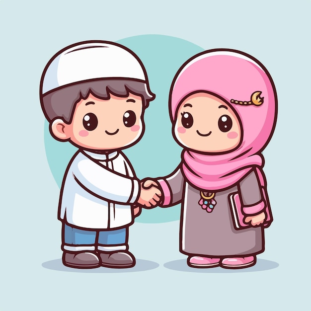 Free vector A Handshake of Friendship Between Muslim Boy and Girl Cartoon Style vector icon