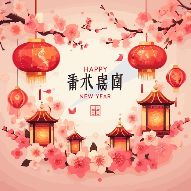 Free vector happy Chinese new year greetings with sakura flowers and lanterns