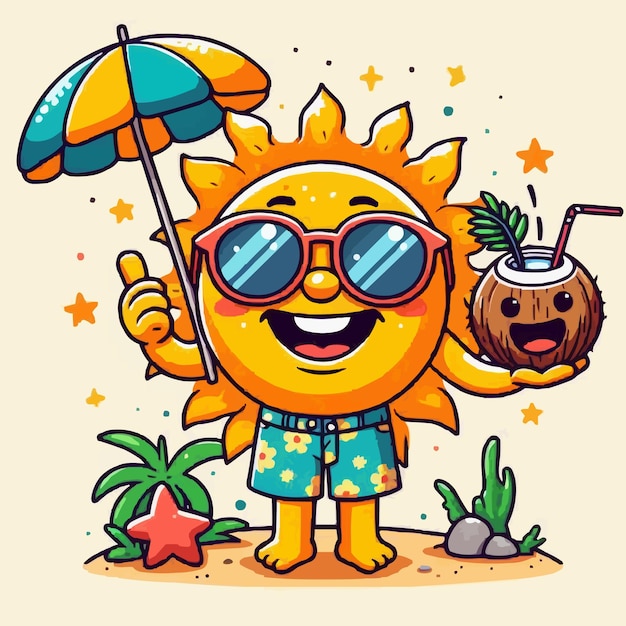 Vector free vector a happy sun wearing sunglasses and holding a coconut drink