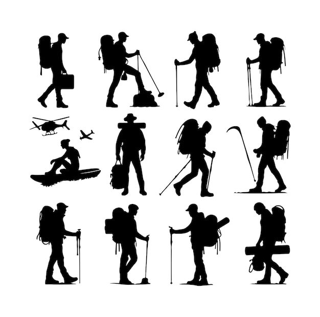 Vector free vector hiking man vector silhouette set hiker silhouettes