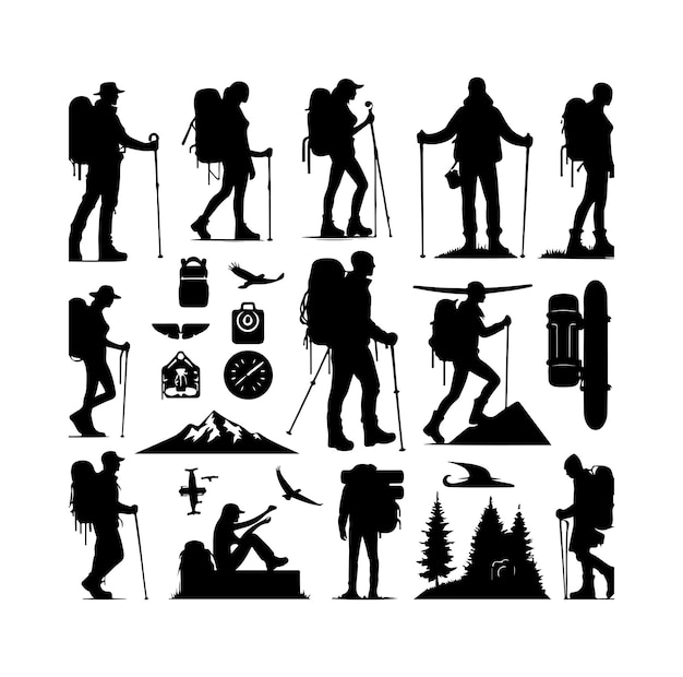 Vector free vector hiking man vector silhouette set hiker silhouettes