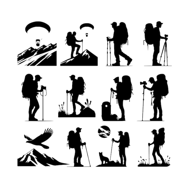 Vector free vector hiking man vector silhouette set hiker silhouettes