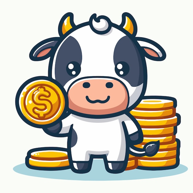 Free Vector Illustration of Adorable Cow with Gold Coin Cartoon icon Style