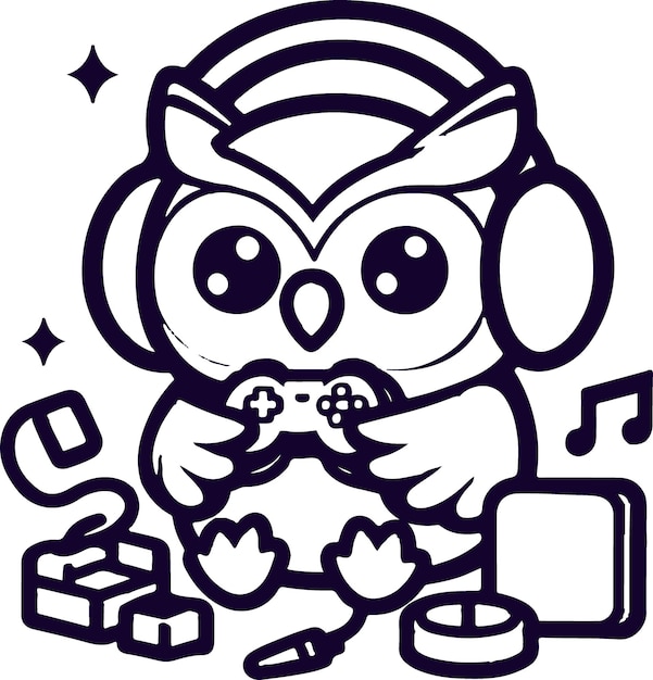 Free Vector Illustration of Adorable Owl Playing Video Games illustration in colouring page