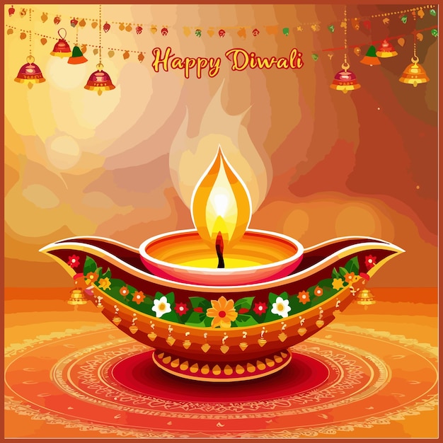 Free vector illustration of burning diya on happy diwali holiday background