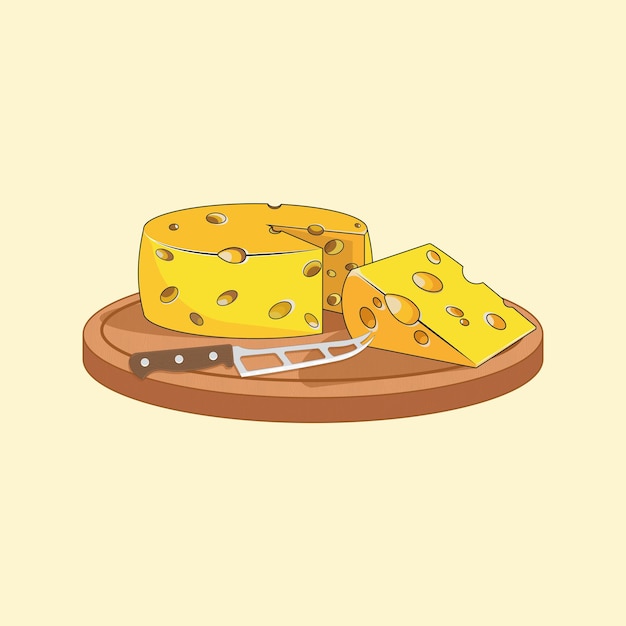 Vector free vector illustration of cartoon cheese on a wooden cutting board with kitchen knife