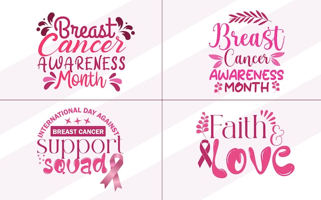 Vector free vector international day against breast cancer lettering labels collection with pink ribbon