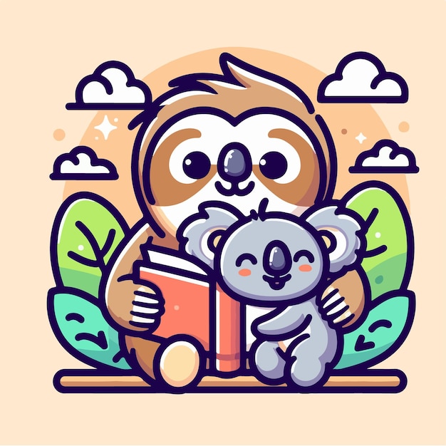 Free Vector Monkey and Red Panda Dive into Reading icon illustration