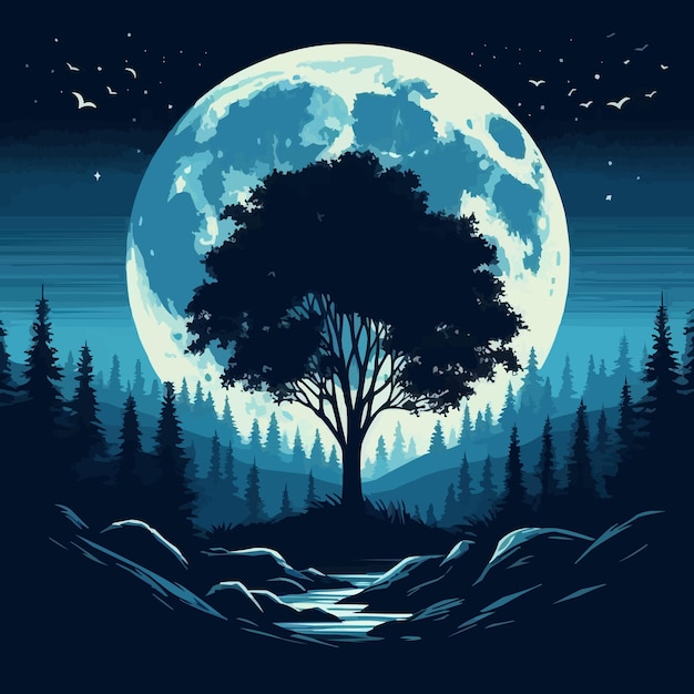 free vector Moonlight landscape with tree silhouette