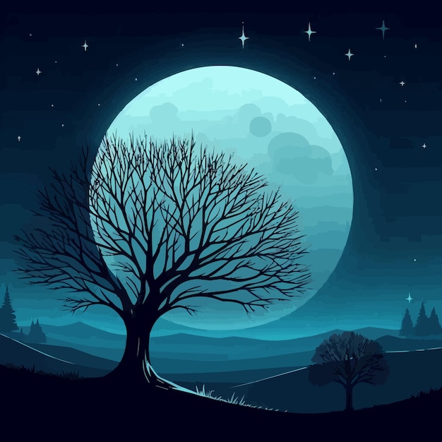 free vector Moonlight landscape with tree silhouette