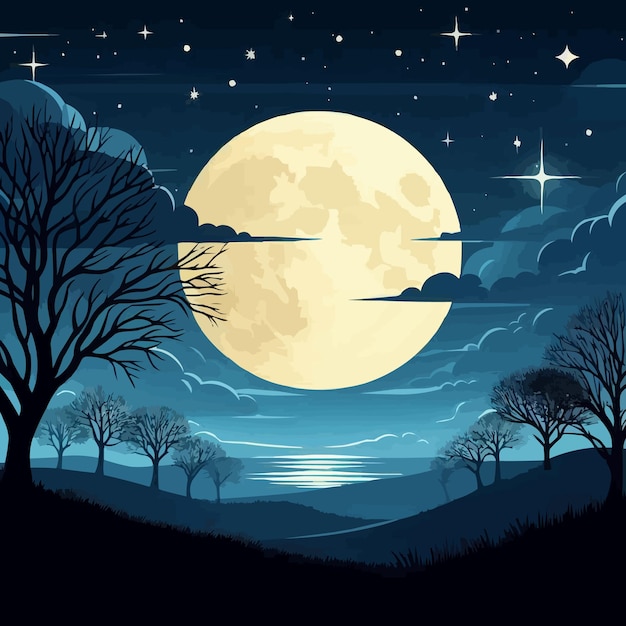 Vector free vector moonlight landscape with tree silhouette