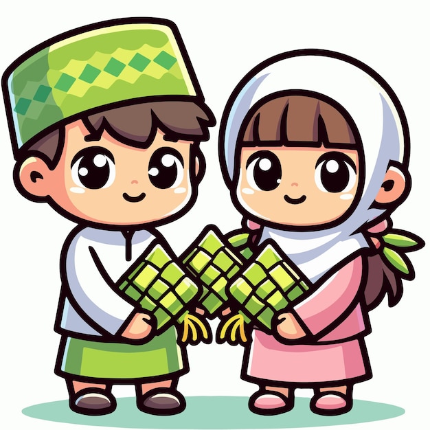 Free vector Moslem Boy and Girl Embrace Eid Traditions Cartoon Style vector icon illustration