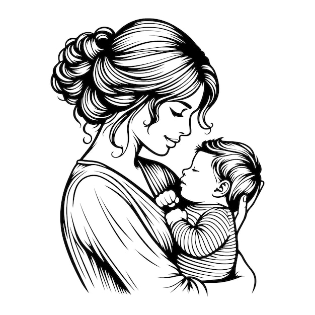 Free vector Mothers Day love little son outline art silhouette illustration on white background