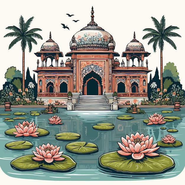 Vector free vector mughal garden lake water lily temple vector illustration pattern