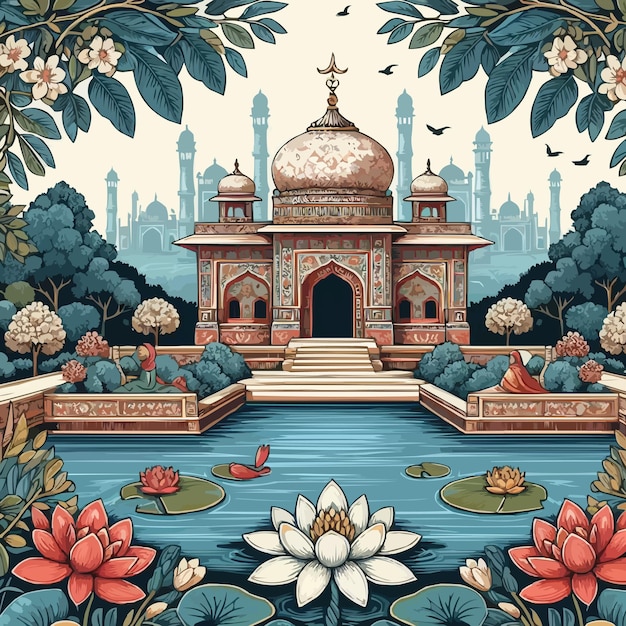 Vector free vector mughal garden lake water lily temple vector illustration pattern