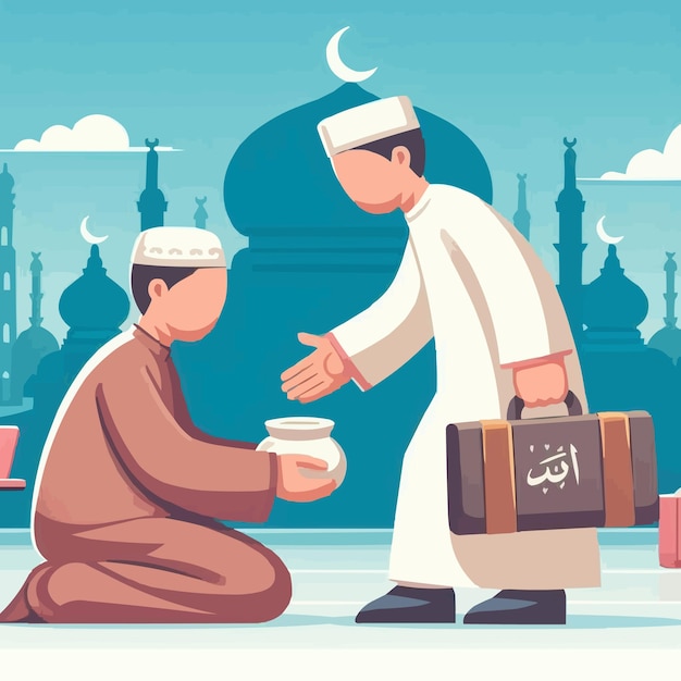 Free vector Muslim giving alms zakat or infaq donation to a person who need it in flat poster illust