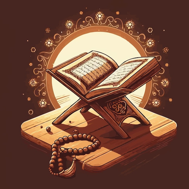 Free vector An open Quran on a wooden stand with a string of prayer beads resting on top