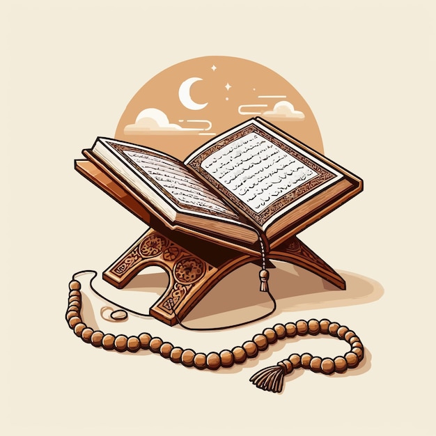 Free vector An open Quran on a wooden stand with a string of prayer beads resting on top