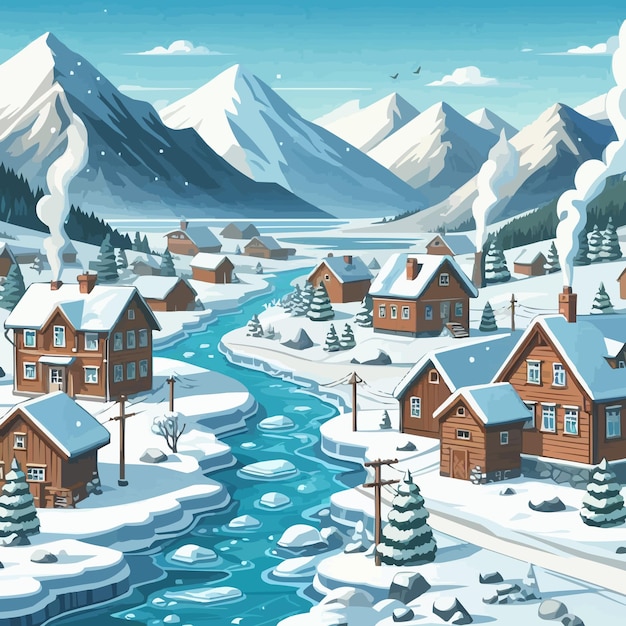 Vector free vector a picturesque winter village nestled among snowcapped mountains wooden houses with smo